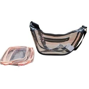 Clear PVC Stadium Crossbody Bag & 2 Pink Trimmed Organizer Pouches Transparent